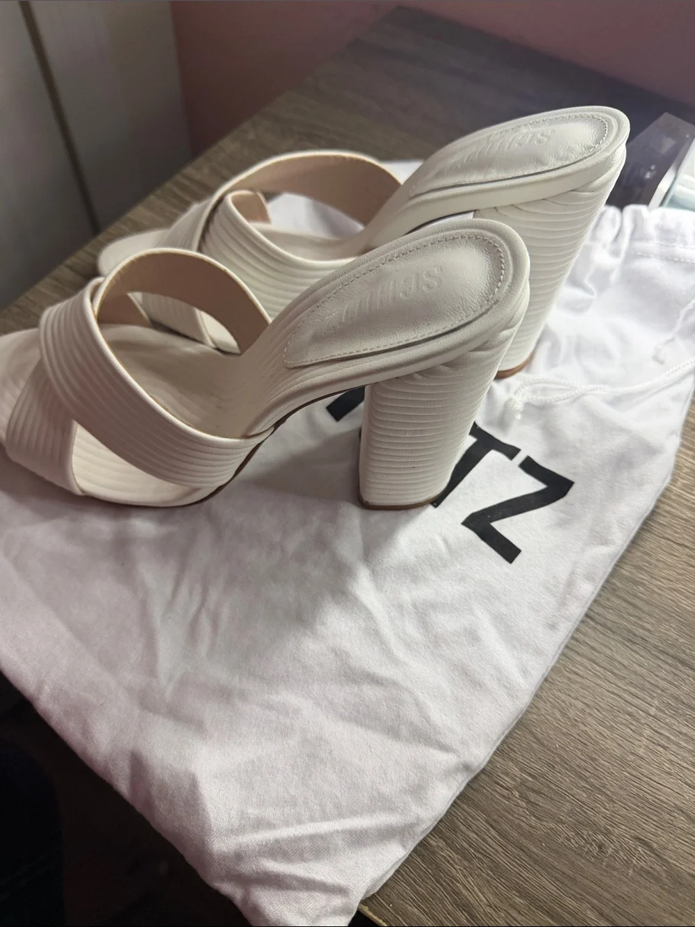 SCHUTZ White Ribbed Crisscross Slip-On Heeled Sandals
